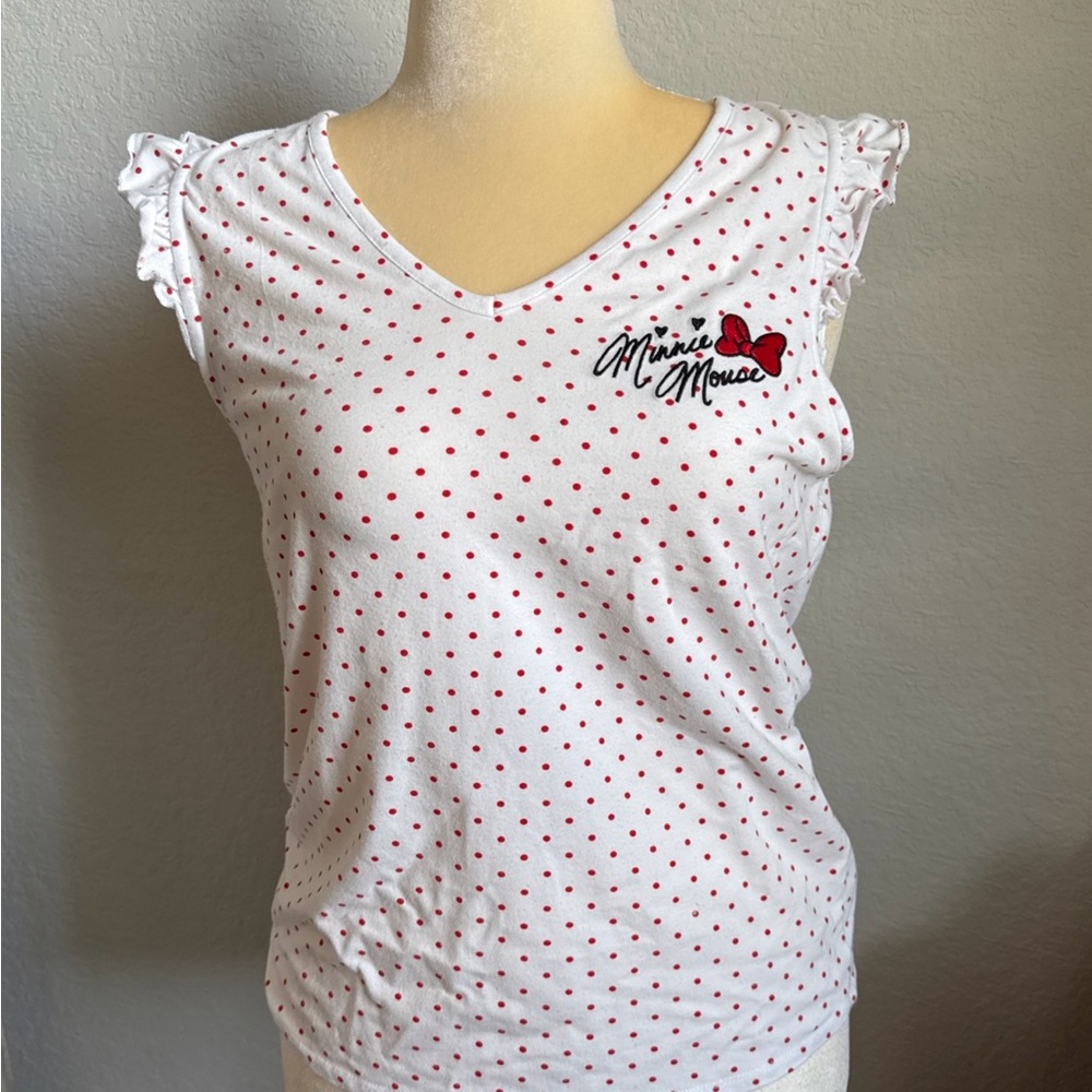 Disney Parks Minnie Mouse Top Shirt Autograph White w/Red dots & Ruffle Sleeve L